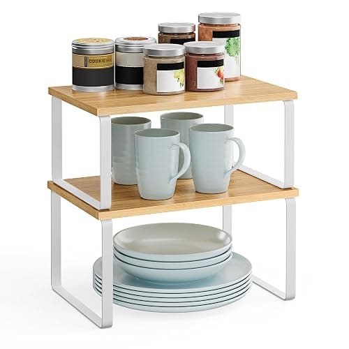 SONGMICS Étagère à Épices, Lot de 2, Organisateur de Placard, Étagère de Rangement de Cuisine Extensible, Porte-épices Empilable, Métal, Bois d’Ingénierie, Blanc Nuage et Beige Naturel KCS02NW - Image 1