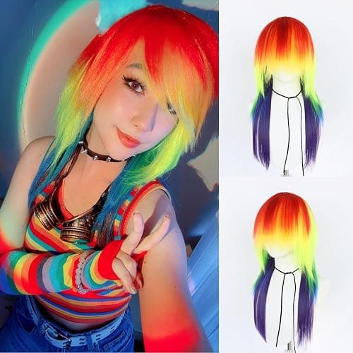 ANOGOL Rainbow Wig Women Men Scene Wig Long Straight Rainbow Wigs | +Hair Cap 24 Inch Long Multicolored Wigs for Anime Cosplay Pride Day Outfit LGBT Costume Mardi Gras Hair Halloween Party thumbnail 4