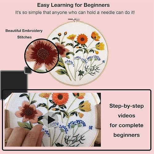 VIVIDOX 4 Sets Embroidery Kit for Beginners with Stitch Video, Flower Cross Stitch Kits for Adults, Starter, Hand Craft Lover Practice with Floral Stamped Pattern, 2 Hoops, 16 Needles, Scissors, Tools thumbnail 5