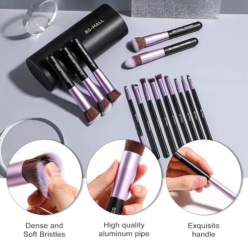BS-MALL Makeup Brushes Premium Synthetic Foundation Powder Concealers Eye Shadows 14 Pcs Purple for Makeup Beginner or Professional with Travel Case thumbnail 2