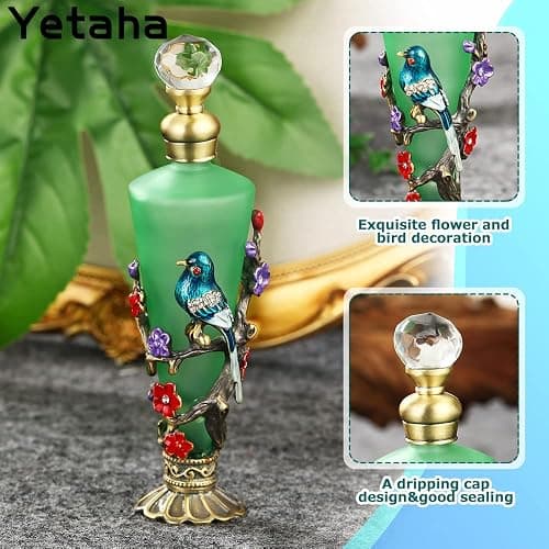 Yetaha Vintage Decorative Refillable Perfume Bottles, Fancy Crystal Perfume Bottles, Old Fashioned Bejeweled Flower Bird Essential Oil Bottle for Living Room Bedroom Decor Birthday Gift (30ML, Green) thumbnail 4