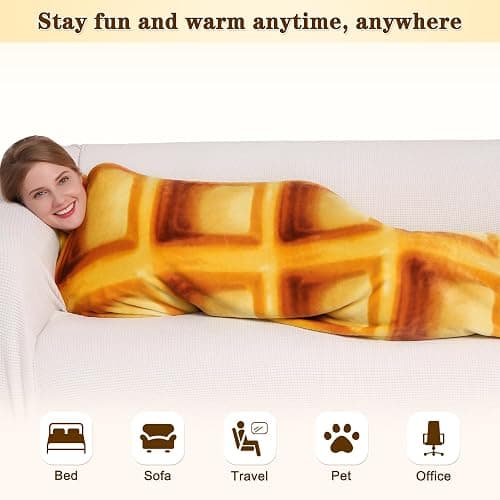 mermaker Waffles Blanket 2.0 Double Sided 71 inches for Adult and Kids, Novelty Realistic Waffles Food Throw Blanket, 285 GSM Soft Flannel Blanket thumbnail 5