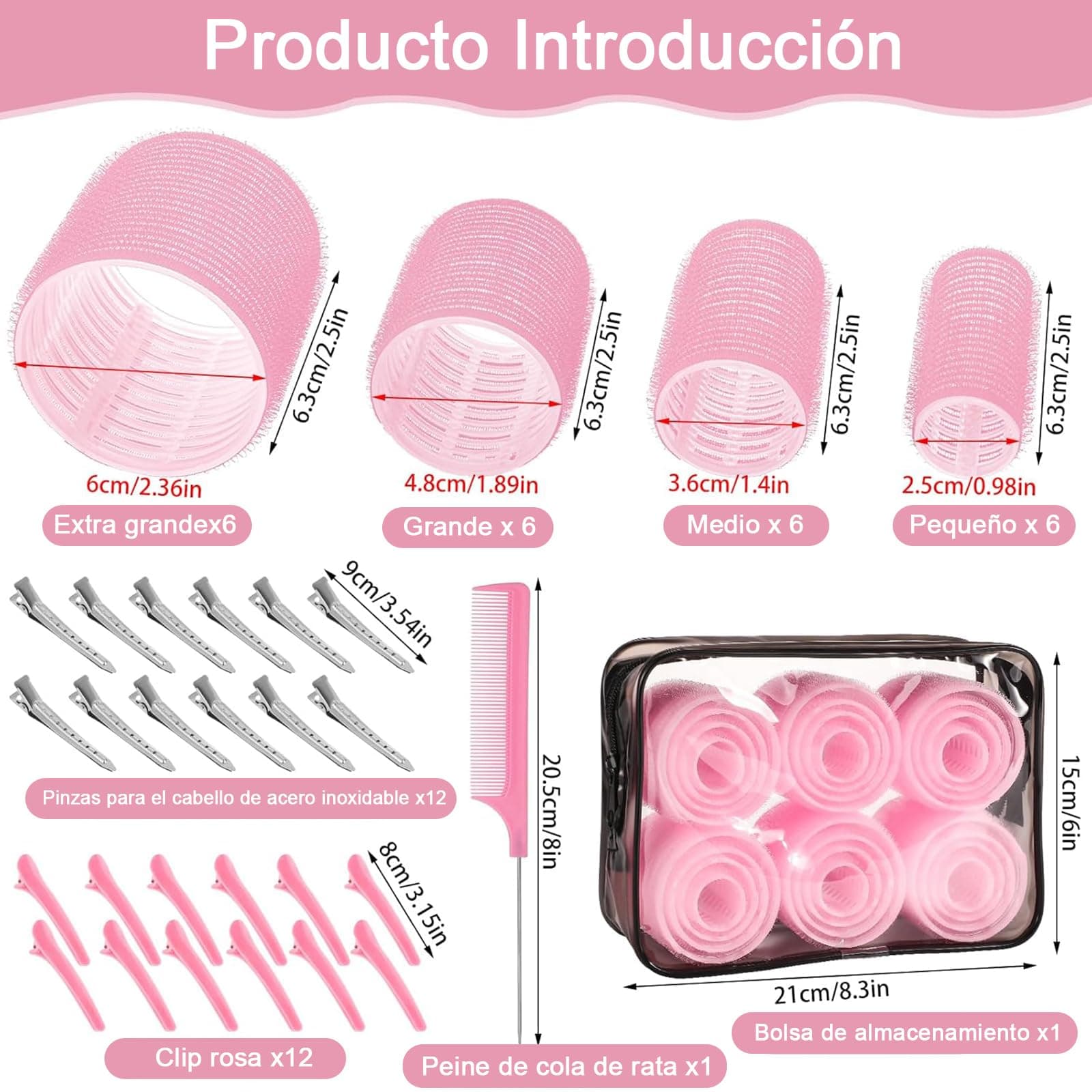 RUAKIVA 4 Tamaños de Rizadores de Cabello,50 pzs Juego de Rizadores de Cabello Grandes,25 mm/36 mm/48 mm/60 mm,Rizadores Autosujetantes con Clip para Cabello Largo,Cabello Corto con Flequillo,Rosa thumbnail 2