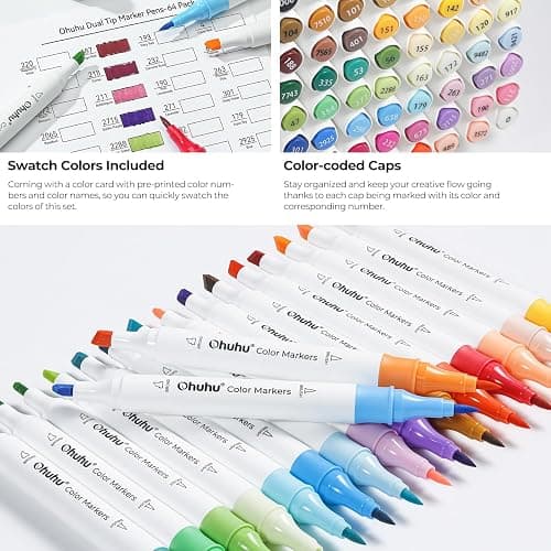 Ohuhu Marker Pens Water-Based, 64 Colours Dual Tip Art Markers Brush Pens for Adults Colouring Pens for Anime Manga Design, Calligraphy, Drawing, and Illustration, Odourless and Washable - 64 thumbnail 5