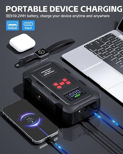 HPBS 5000A Jump Starter with Air Compressor, Portable Car Battery Jump Starter with 150 PSI Tire Inflator for Up to 10.0L Gas and 8.0L Diesel Engines, 12V Jump Box Battery Charger Booster(Red) thumbnail 5