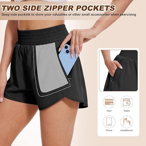 BALENNZ Women's Athletic Workout Shorts with Zipper Pockets Activewear Elastic Waist Gym Running Shorts thumbnail 3
