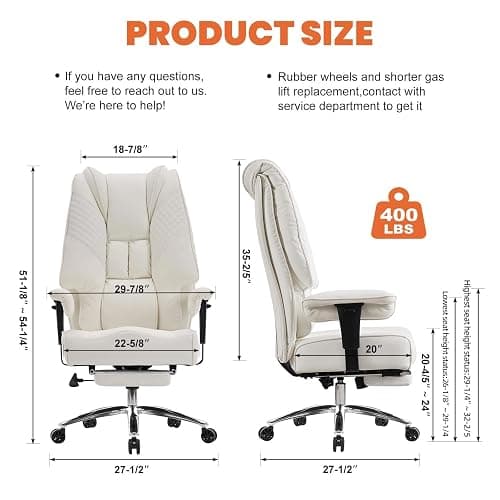 EXCEBET Big and Tall Office Chair 400lbs Wide Seat, Leather High Back Executive Office Chairs with Foot Rest, Ergonomic Lumbar Support for Lower Back Pain Relief (White) thumbnail 2