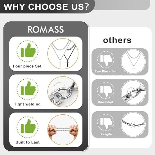 Romass 4Pcs Cross Necklace for Men Teen Boys,Stainless Steel Chains for Men Layered Necklaces Silver Gold Black Pendant Jewelry Box Gifts 18-24 Inches thumbnail 4