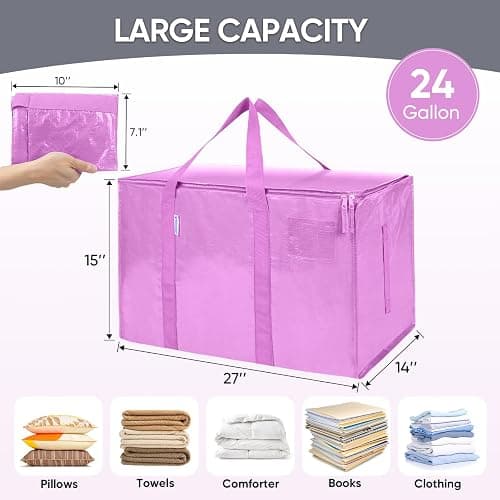 TICONN 6 Pack Extra Large Moving Bags Heavy Duty with Zippers & Carrying Handles, Durable Storage Bags Moving Boxes for Closet Organizers and Storage (6 Pack, Pink) thumbnail 3
