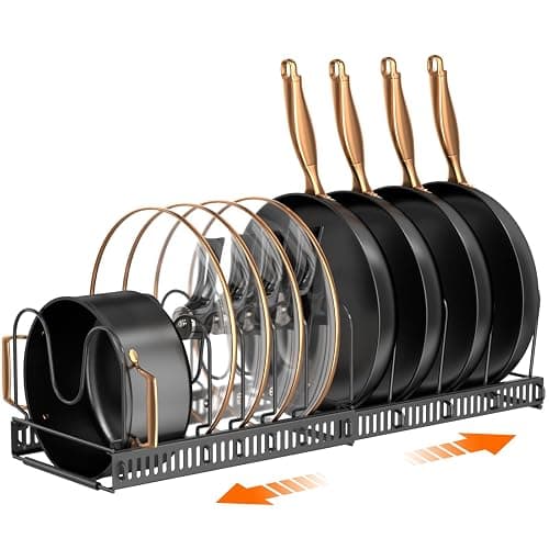 MUDEELA Pots and Pans Organizer Rack for under Cabinet, Expandable 11.81''-22.85'' Pot Lid Kitchen Cabinet Organizer Holder with 10 Adjustable Compartment Cutting Board Organizer for Pan Lid, Bakeware thumbnail 8