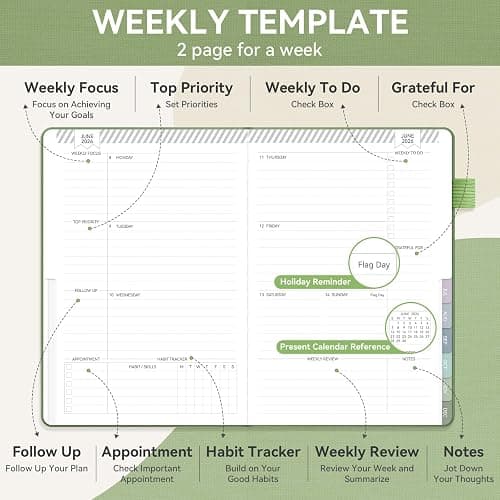 Getink 2026 Planner Weekly & Monthly Daily Agenda Book with Linen cover, 2026 To Do List Notebook with Colorful Monthly Tabs, Inner Pocket, Elastic Closure (Green,5.5 * 8.5) thumbnail 5