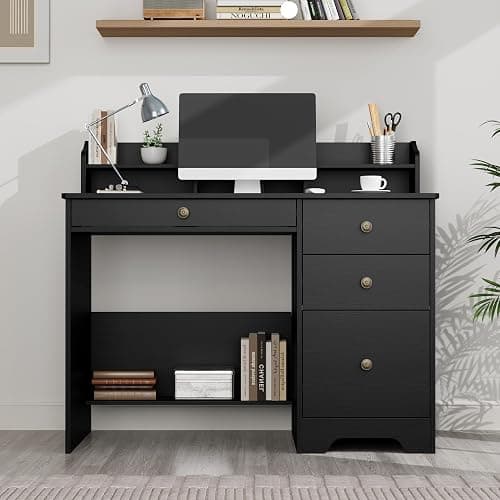 TTVIEW Computer Desk with Drawers and Hutch Shelf, Wood Executive Desk Writing Study Table with 43” Wide Tabletop, Small Desk with File Drawer for Home Office Bedroom, Black thumbnail 3