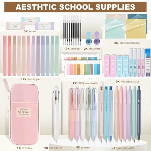 GUGUKUKU 58 PCS Aesthetic School Supplies with Cute Pencil Case,12 Pastel Highlighters, 5 Gel Pens Black Ink，9 Mechanical Pencils for，Student Stationary，CollegeEssentials Gifts (pink) thumbnail 2