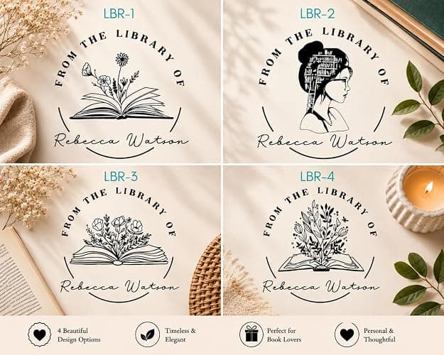 Pickled Stamps from The Library of | Ex Libris | Floral Book Stamp | Personalized Book Embosser | Custom Library Embosser | Self-Inking Wood Handle Floral 2 thumbnail 3