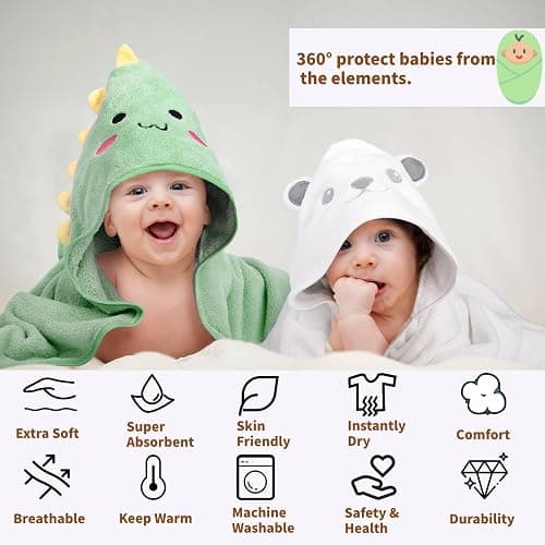 CandyHome 12 PCS Baby Bath Towels Set for Infants Toddlers Essentials | 4 PCS Baby Towels & 8 PCS Washcloths Set, Cute Animal Hooded, Ultra Absorbent & Soft, Newborn Shower Gifts for Boys & Girls thumbnail 3