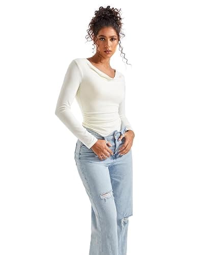 SUUKSESS Women Long Sleeve Off Shoulder Tops Trendy Cowl Neck Going Out Shirt for Fall thumbnail 6