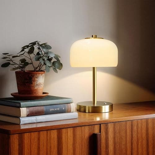 PORTRES Cordless Table Lamp Rechargeable Battery Operated Mushroom lamp Opal Glass Shade 3 Way Dimmable LED Touch Outdoor Lamp for Camping Bedroom Dining Living Room Beside Patio Restaurant,Gold - Image 1