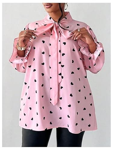 WDIRARA Women's Plus Size Heart Print Bow Tie Neck Long Sleeve Blouse Office Shirt Top thumbnail 5