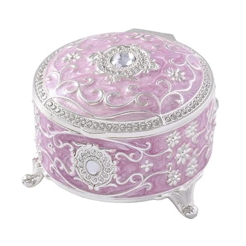 Qsabv Vintage Jewelry Box, Silver Round Treasure Ring Box, Metal Trinket Organizer Keepsake Box Gift for Girl Women, Light Purple - Image 1