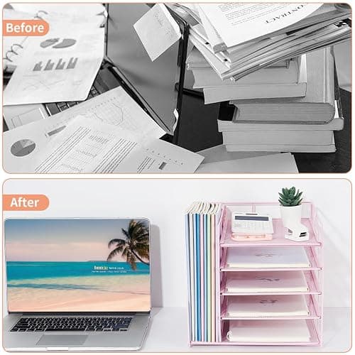 LEKETREE Desk Organizers and Accessories, 5-Tier Paper Letter Tray Organizer with File Holder, Desktop Organizer for Office Supplies (Pink) thumbnail 4