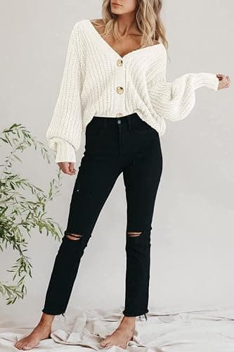 PRETTYGARDEN Women's Chunky Knit Open Front Sweater Long Sleeve Button Loose Short Cardigan Outerwear Coats - X-Large - White thumbnail 5
