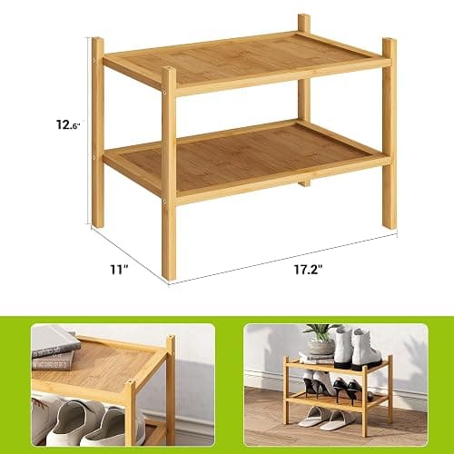 BMOSU 2-Tier Bamboo Small Shoe Rack Premium Stackable Shoe Shelf Storage Organizer for Hallway Closet Living Room Entryway Organizer(Natural) thumbnail 2
