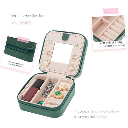 KElofoN Travel jewelry case Travel jewelry box Travel Jewelry Organizer Small box Gift for Girls Women with Mirror(Green) thumbnail 4