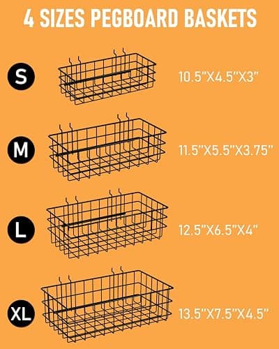 INCLY 4 Pack Pegboard Baskets Bins Set, 4 Size Square Style Black Metal Wire Basket for Any Peg Board Organizing Tools, Pegboard Accessories for Workbench Garage Wall Storage Attachments thumbnail 5