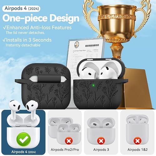 for Airpods 4 Case with Magnetic Lid, Ekoonpft Flower Engraved Cases for Apple AirPods 4th Generation 2024, Soft Silicone Cover for Women Girly with Cleaning Kit & Keychain, Shockproof thumbnail 2