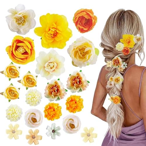 21 PCS Hair Flowers Boho Hair Barrettes Accessories Hawaiian Silk Flower Clips Girls Orange Floral Bride Headpiece Festival(Orange & Yellow) - Image 1