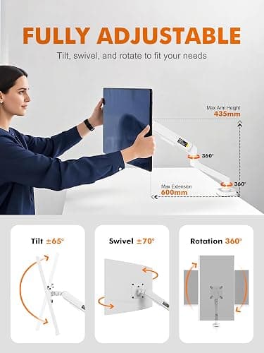 Ibergrif Single Monitor Arm Desk Mount for 13-32 Inch Screen, Ergonomic Height Adjustable Gas Spring Bracket, Tilt, Swivel, Rotation Monitor Stand with Cable Management, VESA 75/100mm, MA001W-White thumbnail 4