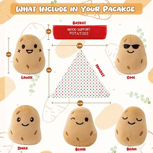 GERBIT Potato Stuffed Animal Cute Plush Toys, 5 Pcs Mood Support Potato Plush and Plushies with Carry Basket, Funny Squeeze Toys Home Desk Decor Cheer up Doll Gift for Kids Adults Friends Her Sister thumbnail 4