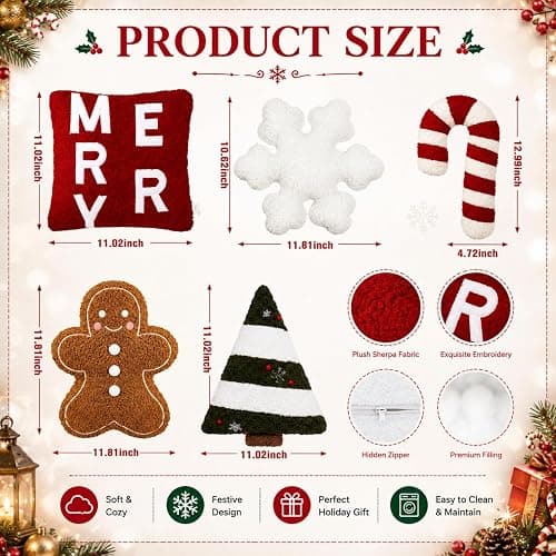 Geelin 5 Pcs Christmas Throw Pillows Gingerbread Christmas Tree Pillows Snowflake Candy Canes Shape Pillows Stuffed Plush Merry Christmas Decorations for Bed Home Sofa Couch Party thumbnail 2