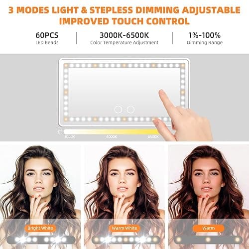 Car Sun Visor Vanity Mirror, 2 Pcs Rechargeable Makeup Mirror with 3 Light Modes & 60 LEDs - Dimmable Clip-on Rear View Sun-Shading Cosmetic Mirrors, Universal for Car SUV Truck thumbnail 3