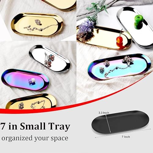 Stainless Steel Decorative Tray, Set of 2, 7 Inch Long, Jewelry Dish Cosmetics Organizer Bathroom Clutter Serving Platter Small Storage Tray, Oval, Matte Black thumbnail 2