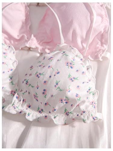 MakeMeChic Women's 5 Piece Cute Bras Floral Print Lettuce Trim Wireless Bralettes thumbnail 3