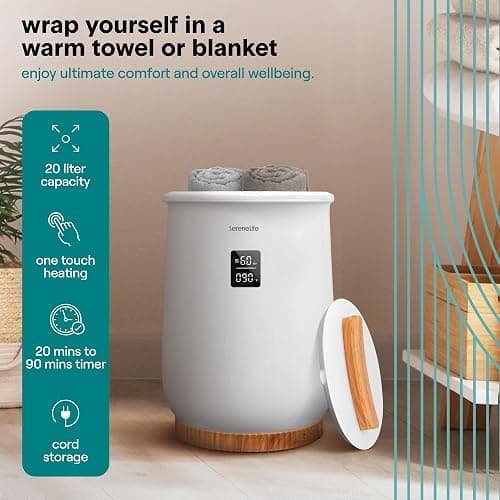 SereneLife Digital Display Bucket Towel Warmers, White Large Towel Warmer for Spa and Bathroom, Luxury Towel Heater Gifts for Him & Her, Auto Shut-Off, Fits 2 large, Blankets, Bathrobes, PJ's thumbnail 6