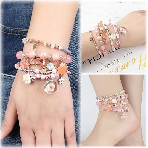 4 Pcs Beaded Cute Bracelets for Teen Girls Women, Dainty Cute Cartoon Crystal Beads Pearl Stretch Charm Handmade Adjustable Anklets Bracelet Set Birthday Gift for Friends thumbnail 4