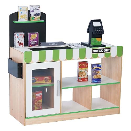 Teamson Kids Cashier Austin Interactive Wooden Play Market Stand with Lights and Sounds, Manual Conveyor Belt, Register and Display Spaces, Green and White Décor on Natural Wood | Manual Conveyor Belt, Scanner, Display Shelves, Green and Natural, Educational Toys for Toddlers Ages +3 - Image 1
