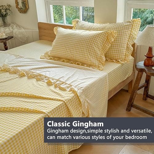NSNLGSGC Yellow Gingham Ruffle Queen Sheet Set | Soft Pre-Washed Microfiber, Plaid, 4-Pieces, Farmhouse, Deep Pocket thumbnail 3