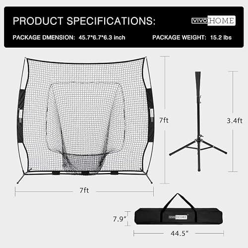 VIVOHOME Baseball Softball Batting Net - 7x7 Ft Baseball Backstop, Softball Practice Net for Hitting, Pitching, Throwing with Batting Tee and Carry Bag - 7 x 7 ft Black Net with Tee thumbnail 6