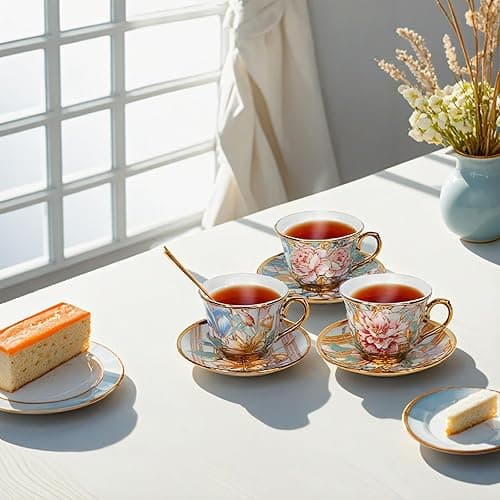 Tea Cups and Saucers Set of 6, 8 OZ Ceramic Tea Cups with Saucers Vintage Floral Tea Cup Set for Cappuccino, Macchiato, Afternoon Tea Birthday Party Supply Thanksgiving Day Halloween gifts thumbnail 7
