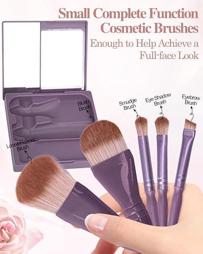 PGRODE Travel Size Makeup Brushes Mini Set with Hard Case and Built-in Mirror, 5Pcs Small Cosmetic Brushes, On the Go Brush Travel Essentials kits for Women, Girls Gift (Dark Purple) thumbnail 2