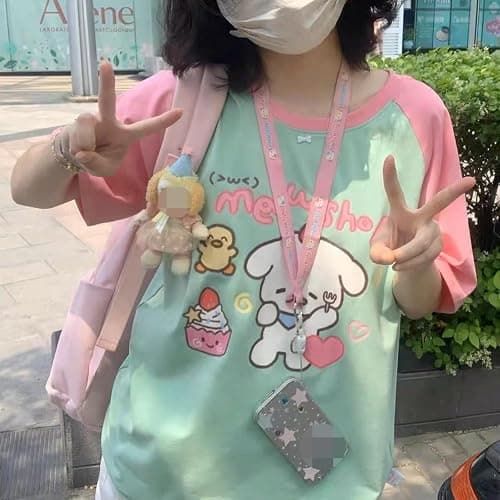 Pokn Y2k Kawaii Shirts for Women Cartoon Graphic Cute Cat Tees Off Shoulder Cutecore Shirts Harajuku Fashion Top thumbnail 3