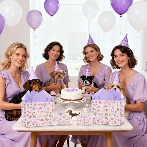 Large Dog Birthday Gift Bag Set with Tissue Paper and Greeting Card Cute Dachshund Dogs Birthday Bag Purple Dachshund Doggy Puppy Dog Pet Gift Wrapping Paper with Handles for Girl Boy Kids Men Women thumbnail 7