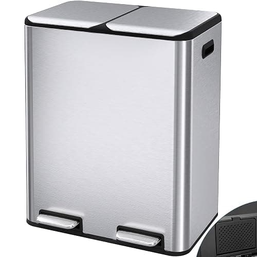 Arlopu 16Gal Dual Trash Can w/2 Built-in Box for Odor Control, Hands-Free Kitchen Garbage Bin, Recycle Waste Dustbin, Soft-Close Lid, 2 Buckets,Foot Pedal, Side Handle, Airtight,for Home Office - Image 1