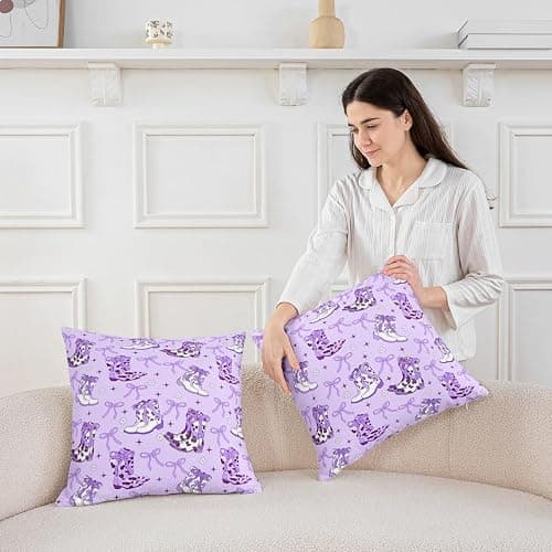 Erosebridal Western Decor Throw Pillow Covers Cowgirl Bow Cushion Covers 16X16 Inch Purple Bowknot Cushion Cases for Bed Couch Living Room Southwest Boots Farmhouse Pillow Inserts Not Included thumbnail 2
