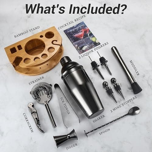Cocktail Shaker Set Bartender Kit with Stand, 12 Piece Bar Set Drink Mixer Set with Stainless Steel Bar Accessories Tools: 25oz Martini Shaker Jigger Strainer Spoon Muddler for Cocktails (Black) thumbnail 3