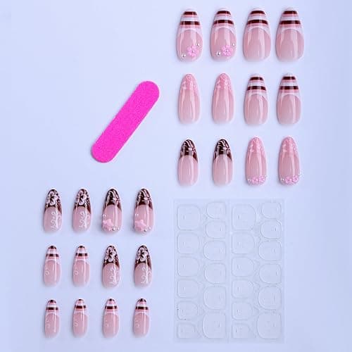 octoswave Long Almond Press on Nails Pink Fake Nail for Women Girls 24Pcs | 3D Floral Star Design Artificial Nail for Party Vacations thumbnail 3