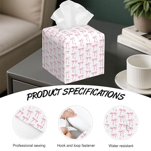 Pink Ribbon Bow Tissue Box Cover,PU Leather Tissue Box Holder Square,Modern Home Decoration for Bathroom Living Room Kitchen Office Car,5.2"×5.2"×5.2" thumbnail 2